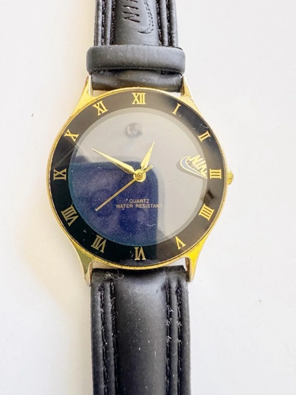Vintage Nike Gold Tone Watch Black Leather Roman Numeral 34mm